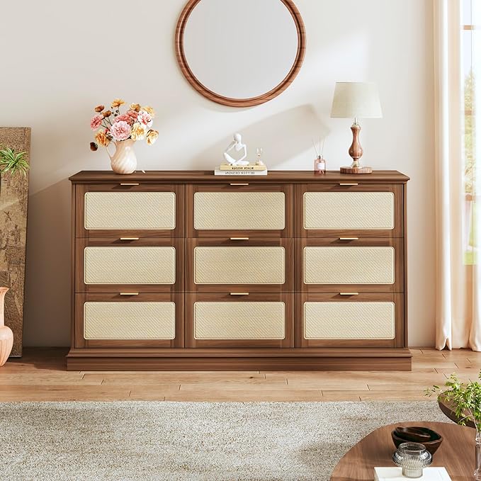 HUAHUU 9 Drawer Dresser for Bedroom, 60 Inch Long Dressers & Rattan Chest of Drawers, Boho Style, Large TV Stand for 55, 65, 70 Inch TV, for Bedroom, Living Room, Entryway, Hallway, Walnut