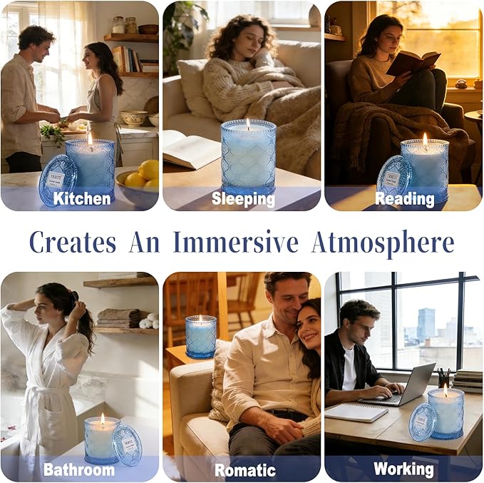 Blue Ocean Scented Candles for Women, Vegan Soy Wax Jar Candles, 50-Hour Burning Time, No Toxin Subtle Scented Home Fragrance for Summer Bathtub Aromatherapy Calming, Gifts for Women & Men