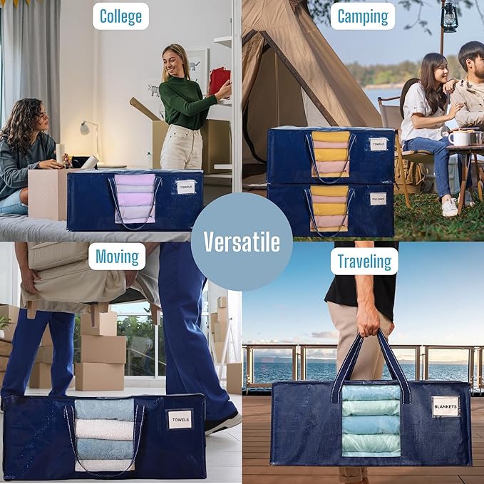 VENO 6 Pack Heavy Duty Moving Bags, Christmas Storage Bins with Lids, Transparent Window Design, Alternative to Moving Boxes, Storage Bags for Clothes, Blankets, Comforters, Pillows (Blue, 6 Pack)