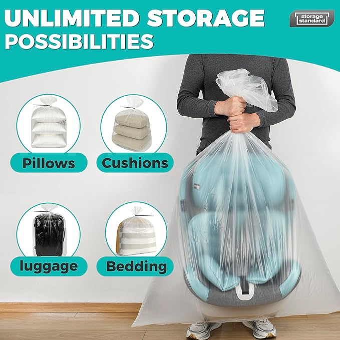 Storage Standard Large Clear Plastic Bags for Storage 6-Pack - Waterproof Extra Large Plastic Bags with Zip Ties, Heavy-Duty Cover for Pillows, Comforters, Chair Cushions & Textiles - 36 x 50 Inches