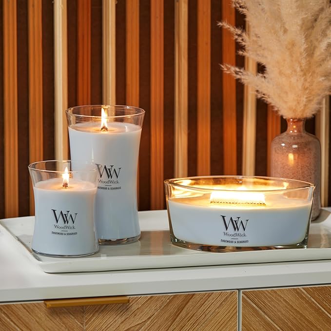 WoodWick Sagewood & Seagrass Gifts for Women and Men, 9.7 oz Medium Hourglass Candle with Crackling Wick
