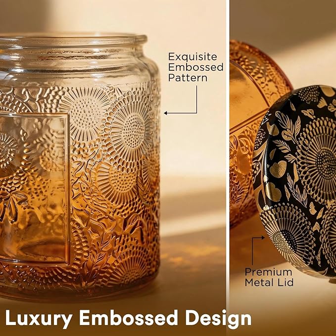 LumaCraft Luxury Embossed Glass Candle Jars for Making Candles - 12 Pack Empty Candle Containers with Airtight Metal Lids, 20 Wicks & 20 Stickers, Colored Glass Jars for Gifts & Decor-8OZ
