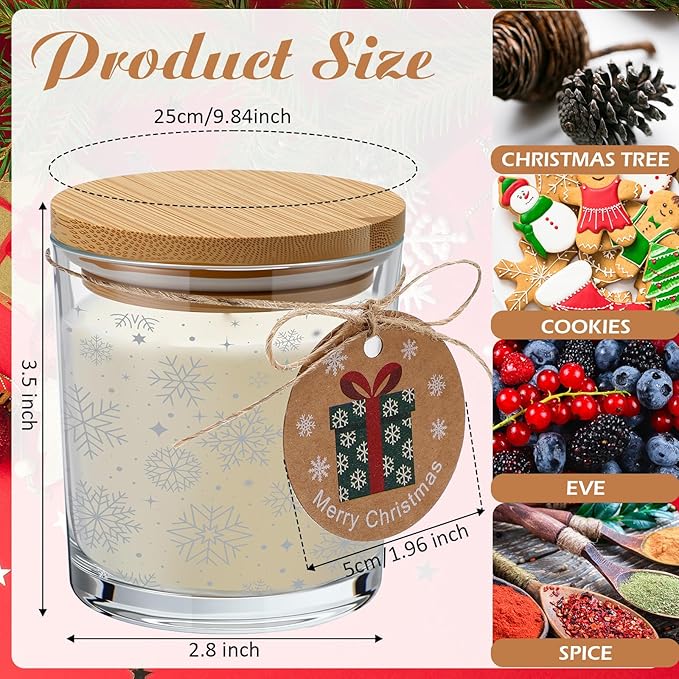 Potchen 12 Pcs Christmas Glass Candle Jars 7 oz Glass Jars Empty Containers with Bamboo Lids and Christmas Cards for Candle Making Storing Biscuits Holiday Tea Party Favors