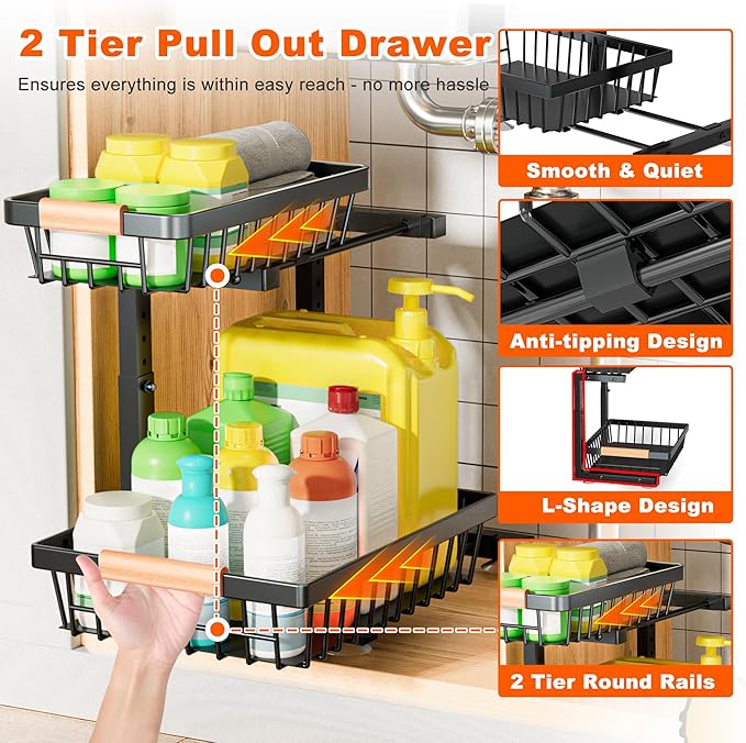 Under Sink Organizer, 2 Pack 2 Tier Under Sink Organizers and Storage, Slide Out Pull Out Cabinet Organizer Shelf, Height Adjustable Metal Drawer for Kitchen Bathroom Closet Organization Rack Black