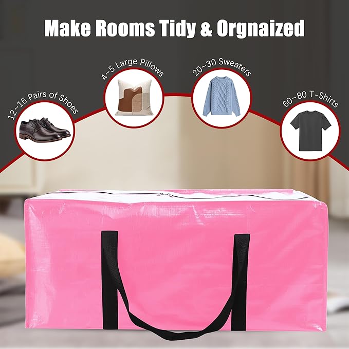 PANDA JOYS 12 Pack Extra Large Moving Bags with Zippers & Carrying Handles, Heavy-Duty Storage Tote for Space Saving Moving Storage, Fold Flat, Alternative to Box and Bin,Pink
