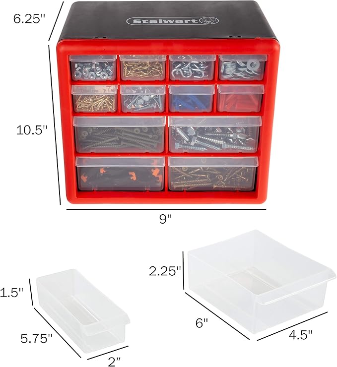 Stalwart - 75-ST6067 Storage Drawers-12 Compartment Organizer Desktop or Wall Mount Container- 4 Large and 8 Small Bins for Hardware, Beads, Jewelry, and More by