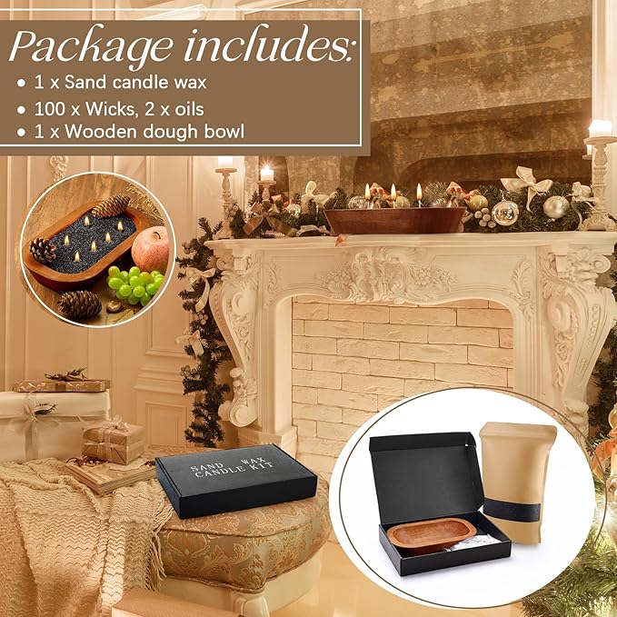 Nuanchu Pearled Sand Candles with Wicks 3.3 lbs Sand Wax Candle Kit-Wooden Dough Bowl, 100 Wicks, Long-Lasting Candle Beads, Non-Toxic, Reusable, Black