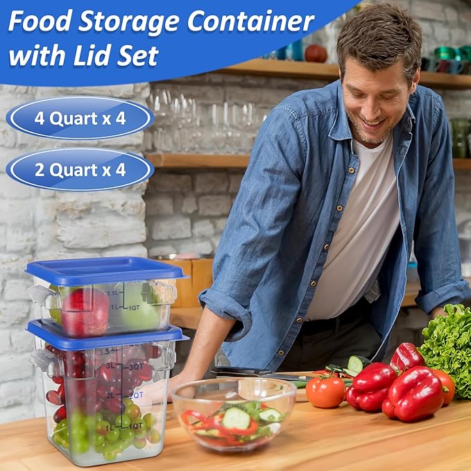 Yungyan 16 Pcs Restaurant Food Storage Containers with Lids Set 2Qt and 4Qt Commercial Restaurant Square Storage Containers Clear Food Cereal Container for Kitchen Freezer (Blue Lids)