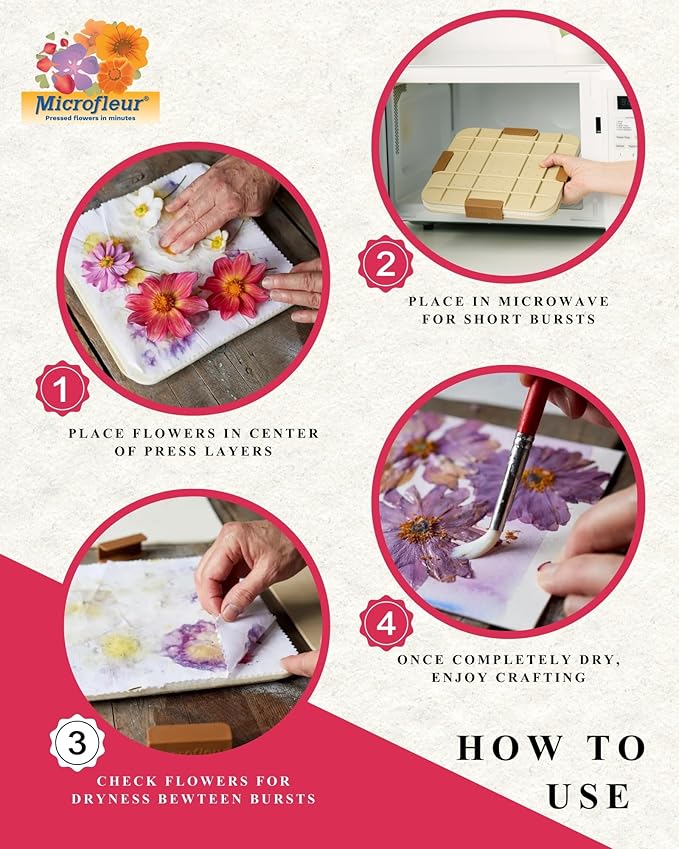 Microfleur Flower Preservation Press Kit, Portable Quick & Easy for Pressed Flowers, Craft Flower Press Kit, Pressing Dry Bouquet & Leaf, Washable Cloth for Lasting Color Fits Most Microwave, 9" 23 cm