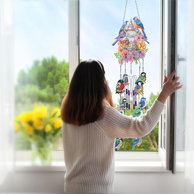Birdcage Diamond Art Painting Wind Chime DIY Kits Sparrow Birds 5D Diamond Art Wind Chimes Hanging Ornament Set Double Sided Special Shaped Gem by Number Mosaic Wind Chime for Yard Tree Outside Decor