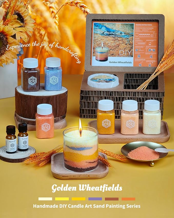 Golden Wheatfield DIY Pearled Candle Sand Set - 11 Oz Sand Wax Beads (6 Colors), 2x10ml Scented Essential Oils, 4 Reusable Wicks, Glass Cup & Spoon, Home Decor & Handmade Gift & Craft Enthusiasts