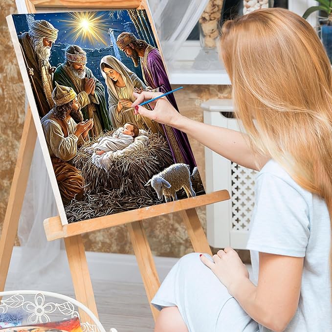 Bowetile Nativity Scene Paint by Numbers for Adults Beginners Framed, Adults' Paint-by-Number Christmas Kits on Canvas, Acrylic Number Painting Gifts for Home Wall Decor, 8x12in