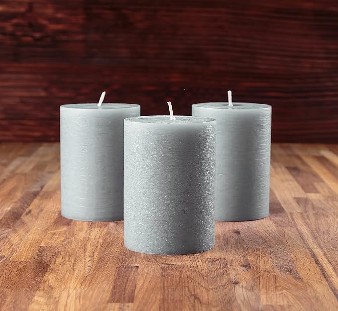 Melt Candle Company Set of 3 Pillar Candles 3" x 4" Unscented Handpoured Weddings, Home Decoration, Restaurants, Spa, Church Smokeless Cotton Wick - Grey