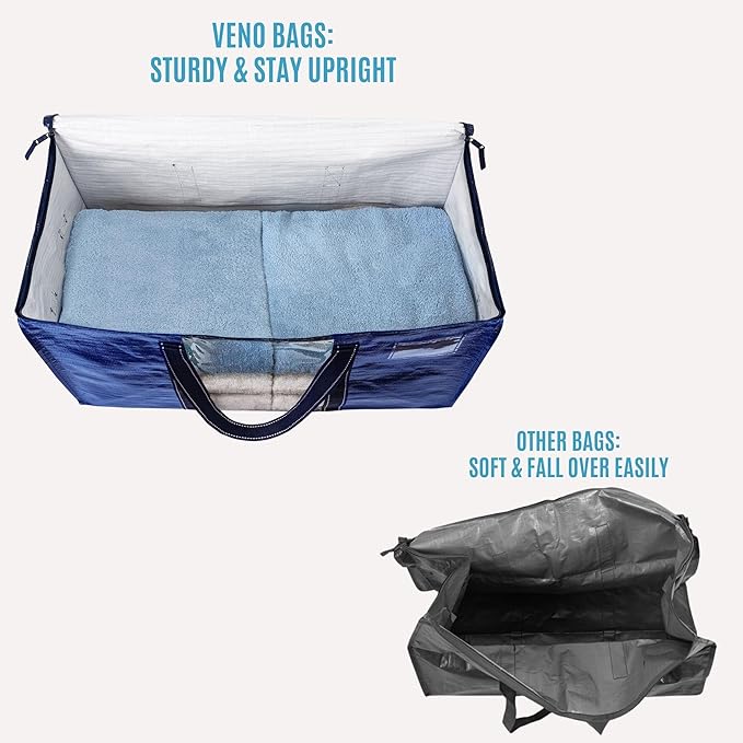 VENO 4 Pack Moving Bags with Clear Window, Heavy Duty Storage Bins with Lid, Around Handles, Tag, Zippers, Extra Large Totes Packing Moving Boxes Supplies for College Dorm Clothes, (Blue, 4 Packs)