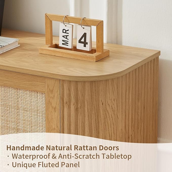 64" Sideboard Buffet Rattan Cabinet, Modern Fluted Credenza with Adjustable Shelves, Wooden Storage Cabinet TV Stand for Living Room Kitchen Dining Room Hallway, Natural