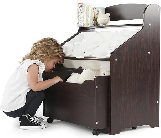 Humble Crew 3-in-1 Kids Bookshelf and Toy Storage Organizer, Espresso - Toddler Organizers with Rolling Toy Box and 3 Plastic Bins – Sturdy Baby Book Shelf, Perfect for Nursery and Playroom