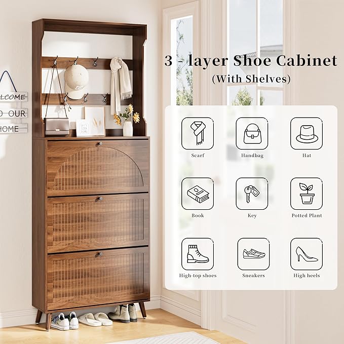 Fsbecl Shoe Cabinet for Entryway with 3 Flip Drawers & Coat Rack, Narrow Hidden Shoe Storage Cabinet with Fluted Panel, 2-in-1 Hall Tree Slim Freestanding Shoe Rack Organizer for Hallway, Walnut