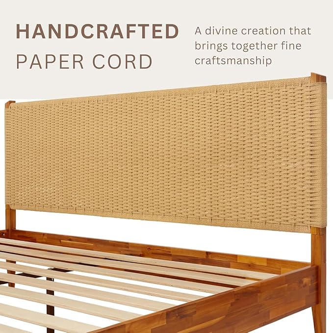 Bme Selina King Size Bed Frame, Handwoven Paper Cord Headboard, US Patent Pending Design, Mid-Century Modern, Solid Acacia Wood, No Box Spring Needed, Supports up to 800 lbs, Easy Assembly, Caramel