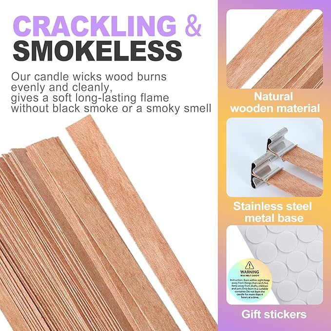 50 Pcs Wood Wicks for Candle Making - Smokeless Crackling Wooden Candle Wicks Kit with Stands & Labels Candle Wicks for Candle Making