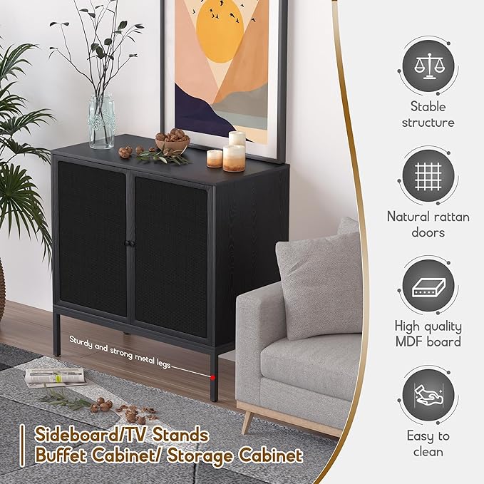 XIAO WEI Farmhouse Boho Sideboard Buffet Cabinet with Black Rattan Doors, Accent Credenza Console Storage Cabinet with Metal Legs for Living Room, Kitchen