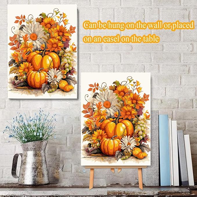 Meothan Paint by Numbers Kits for Adults Framed, Fall Paint by Number for Adults Beginners, Autumn Pumpkin Paint by Numbers Kits on Canvas with Framed for Home Wall Decor 12x16inch (with Easel)