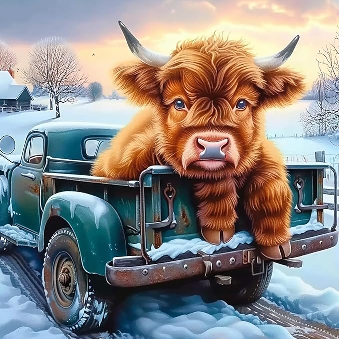SENQAO Cow Diamond Art Kits for Adult, Christmas Truck Diamond Painting Kits for Beginners, DIY Full Drill Winter Holdiay Rhinestone Diamond Dots Gem Painting Art Craft Home Decor 12 x12 Inch