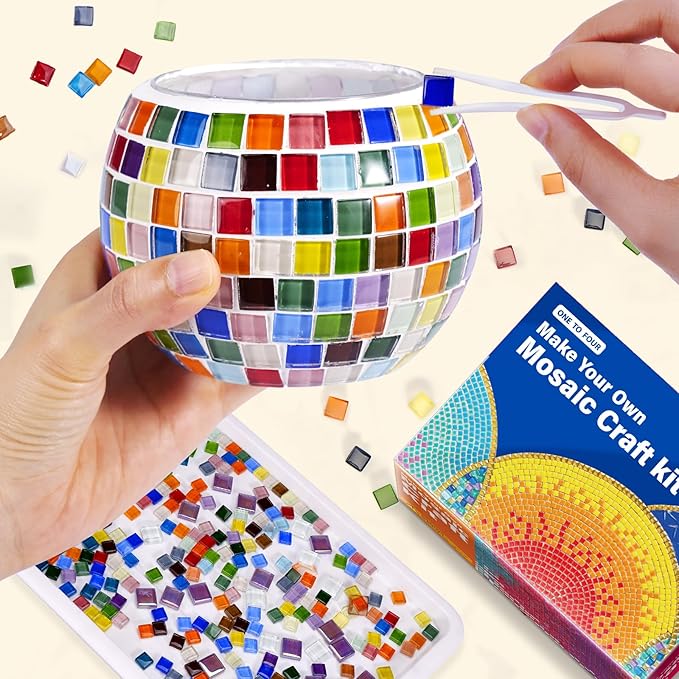 ONE TO FOUR Kids Craft Kit Mosaic Stained Glass Candle Holder - DIY Arts and Crafts for Kids Ages 8-12 & Adults, Turkish Night Light Making Kit, Ideal Home Decor Gift for Birthdays, Easter