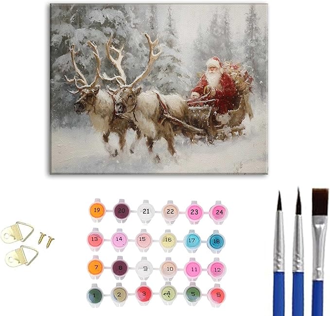 Paint by Number Kit for Adults & Kids, Christmas Santa Reindeer Sleigh 16x20 Inch, DIY Acrylic Painting Kit with Brushes & Paints, Holiday Art Craft for Home Decor Framed