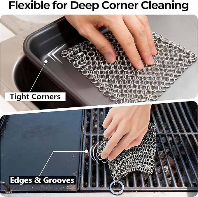 AMAGABELI GARDEN & HOME 8” x 8” 316 Stainless Steel Cast Iron Cleaner Chainmail Scrubber for Cast Iron Pan Skillet Cleaner for Dishes Glass Pre-Seasoned Cast Iron Pot Seasoning Protection BG262