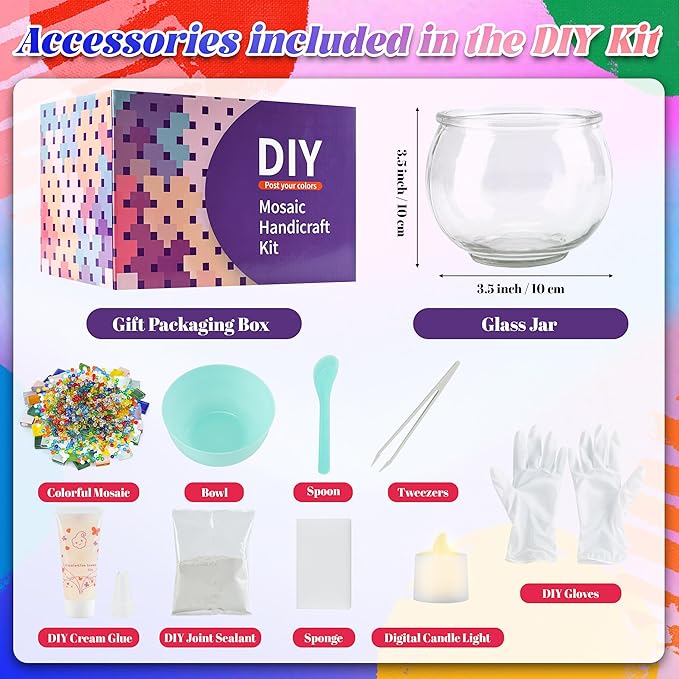 Joyclub DIY Mosaic Candle Holder Kit Mosaic Kits for Adults Stained Glass Tealight Candle Holder for Home Lighting Decor Girls Birthday Craft Gifts