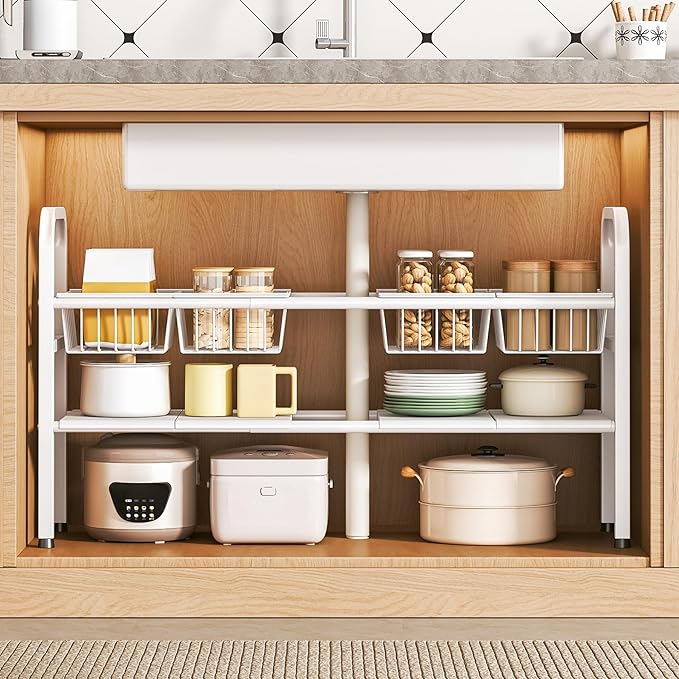 Under Sink Organizer 2 Tier,Height Adjustable Kitchen Cabinet Organizer with 4 Panels and 4 Baskets,Expandable Under Sink Shelf,for Kitchen,Bathroom, Laundry Pantry Cabinet,Apartment,White
