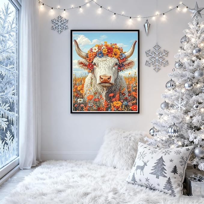 VIGEGU Highland Cow 5D Diamond Painting Kits for Adults,Flowers Diamond Art kit for Beginners,DIY Full Round Drill Diamond Dots with Gem Art Crafts for Home Wall Decor 12 x16 Inch