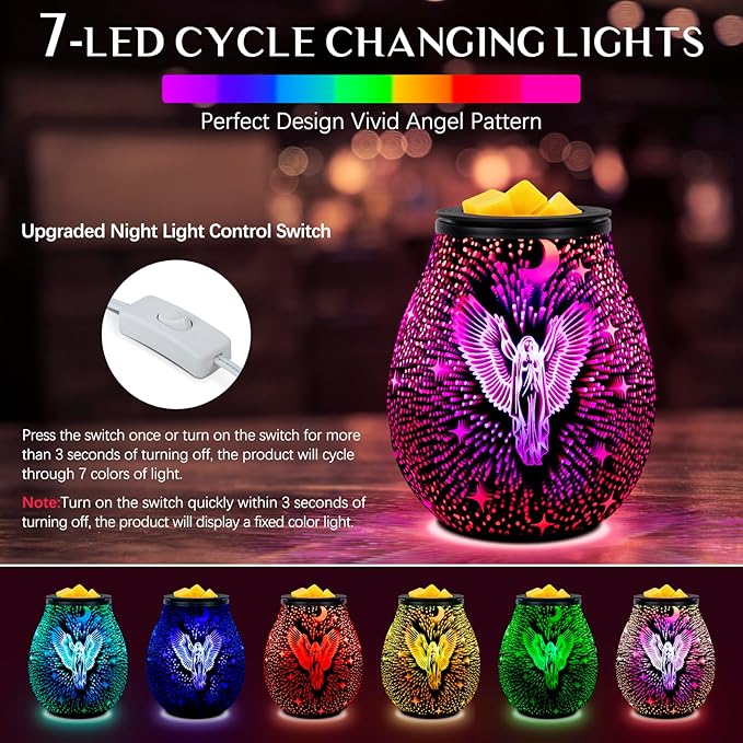 EQUSUPRO Wax Melt Warmer Wax Melter Wax Burner for Scented Wax Melts Electric Fragrance Warmer for Wax Cubes & Tarts, Vivid 3D Design 7 Colors LED Light Gift & Decor for Home Office (3D Angel)