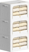 FHSQX 3 Pack Clothes Storage Bins - Foldable Metal Frame Storage Box - Stackable Linen Fabric Container Organizer Set with Carrying Handles and Clear Window (Cream White, 19.7x15.7x13inch(66L))