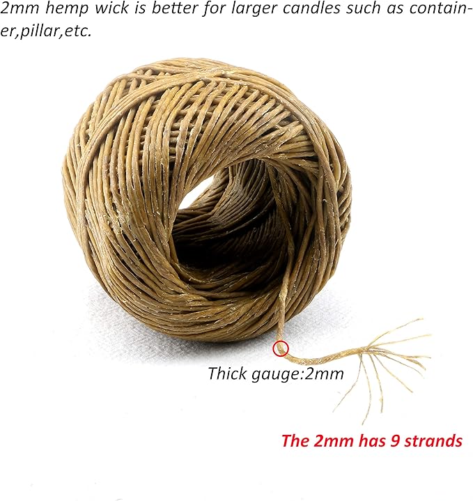 MILIVIXAY 100% Organic Thick Hemp Candle Wick with Natural Beeswax Coating, 200 FT Spool, Thick Size (2.0mm)+ Wick Sustainer Tabs (200PCS).