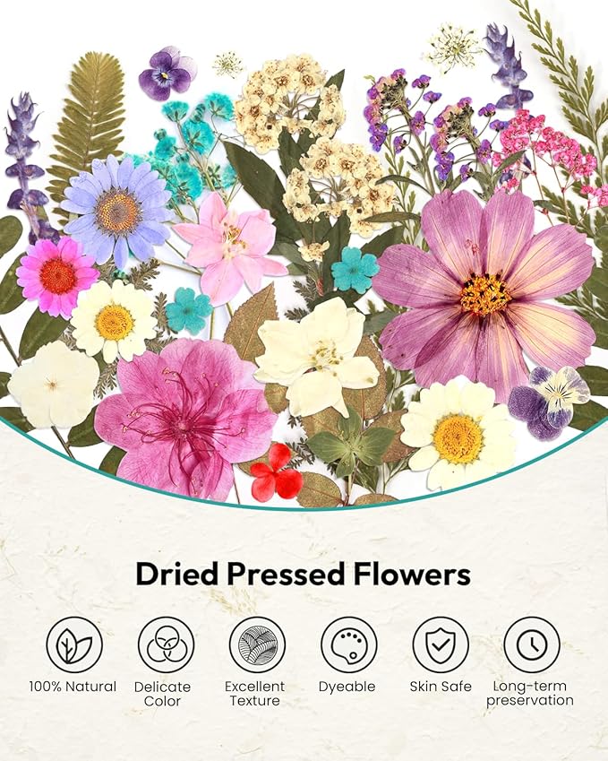 Dried Flowers, Resiners 100Pcs Pressed Flowers for Craft Purple Real Natural Dried Flowers Dry Leaves Kit for DIY Making Crafts Resin Soap Candle Scrapbook Supplies Card Making Jewelry