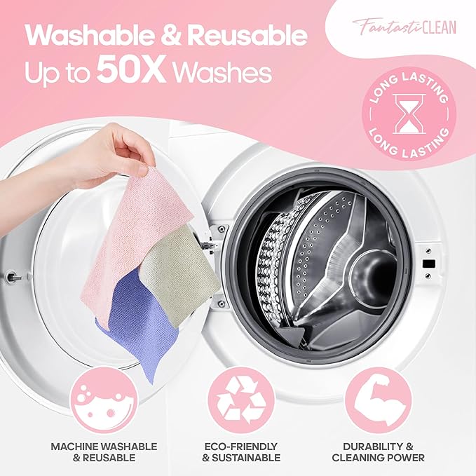 Fantasticlean Microfiber Cleaning Cloth Roll 2 Rolls 120 Pack, Tear Away Paperless Towels, 8" x 8", Reusable Washable Rags, House Kitchen, Pet, Office, Indoor Outdoor, Portable (Pink and Light-Purple)