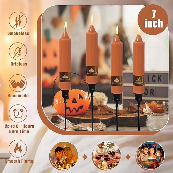 4 Pack Handmade 7 inch Pumpkin Taper Candles Sticks Unscented Short Tapered Candle Ideal as Smokeless Long Burning Candlesticks for Halloween Thanksgiving Dinner Autumn Wedding Home Decor Candles