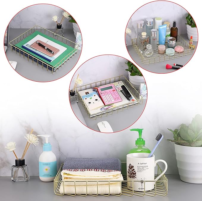 BTSKY Multipurpose A4 File Tray Wire Desk Tray Organizer Elegant Letter Size Desk Documents Trays Magazine Files Storage Basket Organizer Bin for Office Cosmetics Bathroom(Gold)