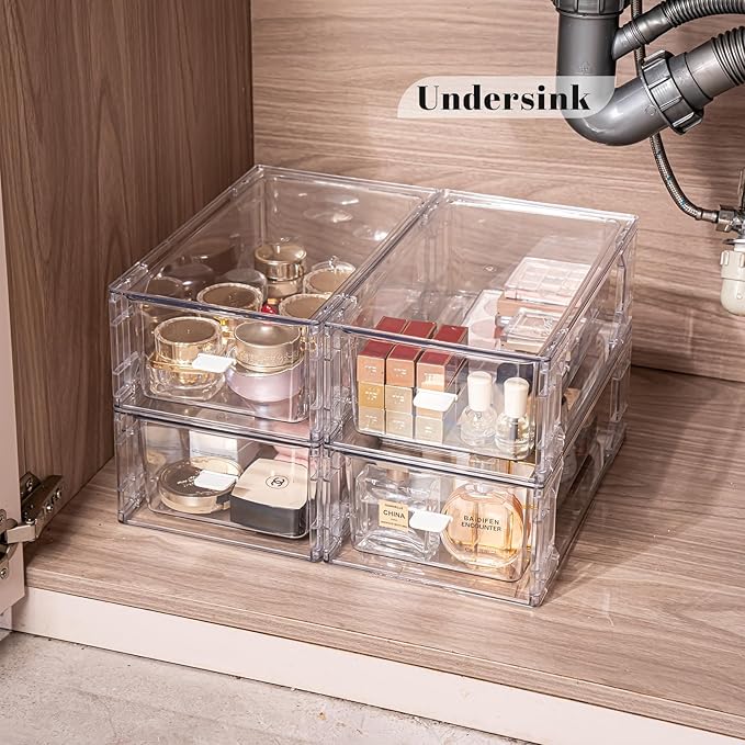 4 Pack Stackable Storage Drawers, Plastic Clear Organizer Bins with Handles, Easily Assemble for Undersink, Kitchen Cabinet, Fridge, Closet, Pantry, Office, Bathroom
