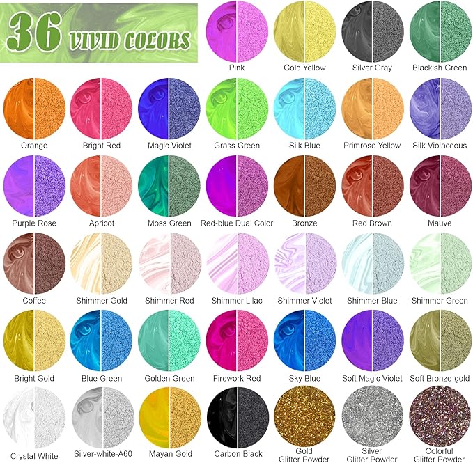 CHANGTIKEJI Mica Powder，36 Colors - 10g/Bottle of Natural Pigment Powder for Epoxy Resin，Soap Making，Candle Making,Lip Gloss,Car Freshies,Dye,Nail Polish,Bath Bombs
