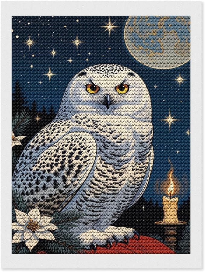 KIVJMSIDJA Snowy Owl & Candle Glow - Winter Night Scene Diamond Art Kits for Adults for Beginners, 5D Full Diamond Art Paint 12"x16"
