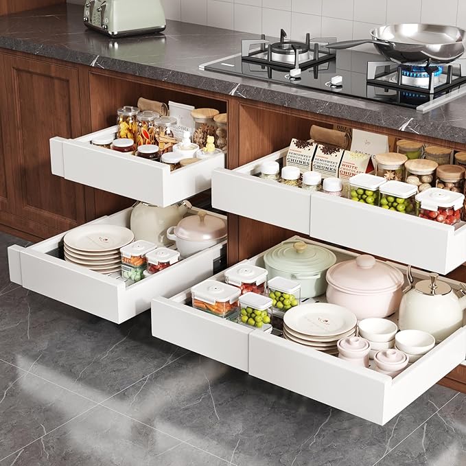2 Pack Pull Out Cabinet Organizer Expandable Width(13"-21") and Depth(13"-17"),Slide Out Drawers With Raising Pad for Framed Cabinets,No Drill Roll Out Shelves for kitchen,Bathroom,White