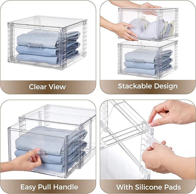 Vtopmart 9 Pack 18QT Clear Stackable Storage Drawers,Easily Assemble Closet Organizers,Plastic Storage Bins for Bathroom,Cabinet,Kitchen Pantry,Under Sink Organization(Medium)