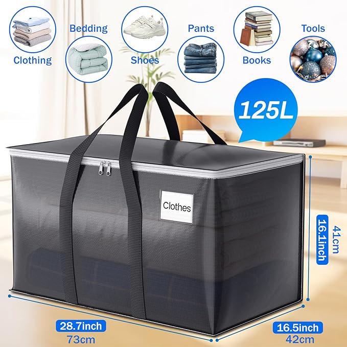 ElegantArray 4 Pack Moving Bags Heavy Duty, Moving Boxes, Storage Bags with Zipper & Handles & Tag for College & Dorm Moving Supplies Grey Laundry Hamper Bag, Foldable Space-saving Totes (125L, Grey)
