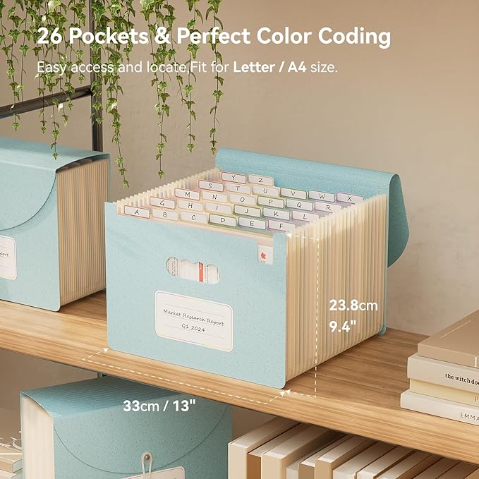 EcoStash Accordion File Organizer, 26 Pockets Wheat Straw Expanding File Folder, Monthly Bill Receipt Organizer, A-Z Tabs, 100% BPA Free, Return to Nature, Healthy Living, Letter/A4 Size - Sky Blue