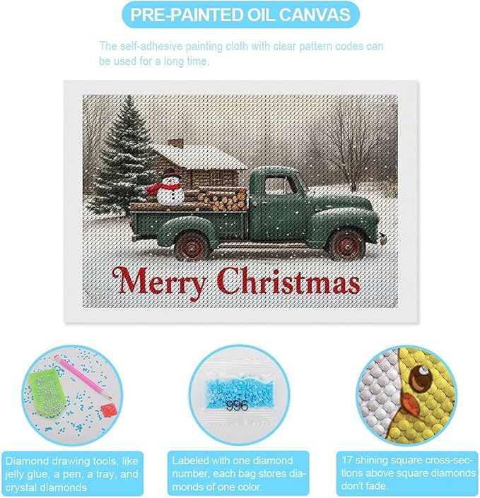 AIVKIEJK Diamond Painting Kits for Adults - Christmas Truck with Snowman & Cabin Winter Painting DIY 5D Full Drill Diamond Dots Paintings with Diamonds Gem Art and Crafts Home Decor 8"x12"