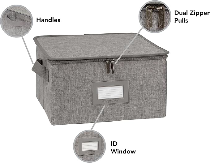 Covermates Dish Storage Box – China & Dinner Plate Storage Container with Dual Zippers, Reinforced Handles, ID Window & Stackable Structured Walls for Dishware Organization, Grey Heather