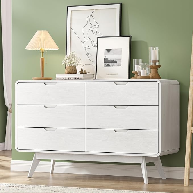 White Modern 6-Drawer Dresser & TV Stand, 47" Wide Storage Cabinet with Unique Wooden Handles, Mid-Century Style Chest of Drawers for Bedroom, Living Room, Hallway