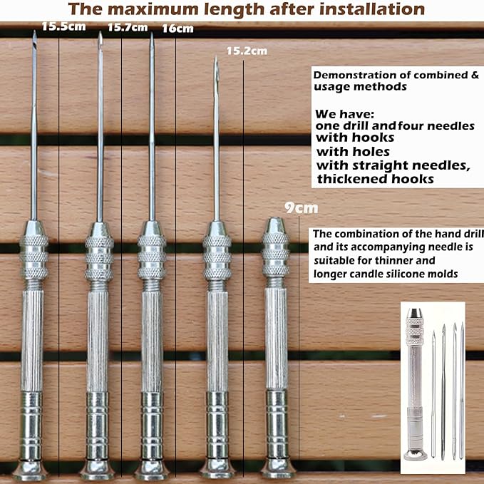 TYMKLMZG 16 PCS Silicone Mould Hand Drill Adjustable Long Needle Punch Wicking Needle Tools Candle Mold Punch Tool with Hook & Eye Candlewick Inserting Tool Tweezers Threader for Candle Making